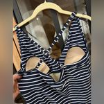 Garnet Hill  one piece swimsuit navy stripes ruched slimming criss cross vneck Photo 3
