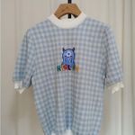 Ganni Blue Gingham Women's Knit Top with Cute Monster Print Photo 3