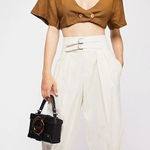 Free People Double Buckle Trouser Pants Ivory Cream Cotton Old Money Size 10 Photo 0