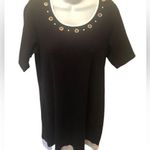 Quacker Factory Knit SS Dress Black White Sz. M Gold Rhinestone Detail At Neck Photo 0