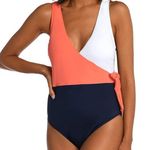 Cupshe  Colorblock One Piece Swimsuit Coral Multi /Plunge Bodysuit Size Large NWT Photo 0