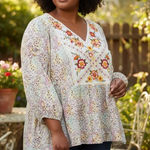 Savanna Jane Blouse 3X Yellow Pink Floral Embroidered Top Boho V Photo 1