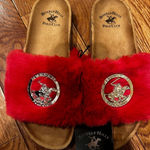 Beverly Hills Polo Club Womens Slides Sandals RED FUZZY Fur Size 7 Photo 2