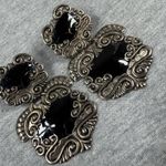 Vintage Black Silver Ornate Luggage Tag Articulated Earrings Scrollwork Design Photo 2