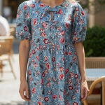 NWT Floral Babydoll Light Blue Short Puff Sleeve Boho Flowy Dress Size XS Photo 0