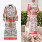 ZARA  Paisley Tapestry satin Collared Shirt Dress midi Scarf Print Belted Orange Photo 2