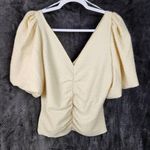 Free People  Cupcake Ruched Puff Sleeve V Neck Top Size XL Ivory Blouse Photo 0