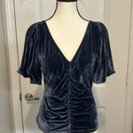 Free People  Cupcake Velvet Top Blue Ruched Puff Sleeve V‎ Neck Size S Holiday Photo 0