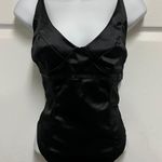 MNDSUDHG Black Satin Backless V-Neck Bodysuit Photo 1