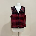 Coldwater Creek Red & Black Jacquard Floral Houndstooth Vest Velvet Trim Large Photo 2