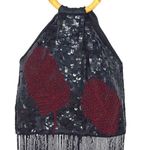 Vintage Retro Womens Sequin Beaded Bamboo Handle Fringe Handbag Black Maroon OS Photo 1