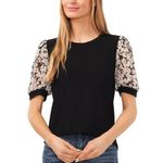 CeCe  Black Top with Floral Sleeves Photo 4