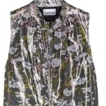 Ganni  Floral print silk blend Metallic top Olive Green size 6 Photo 5