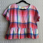 C&C California ‎ 100% Linen Cropped Short Sleeve Plaid Top Sz M Photo 0