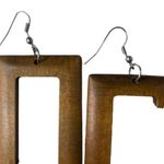 Handmade Rectangular Wooden Dangle Earrings With Cutout Design u Brown Photo 3