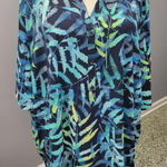 Catherines 5X Blue Green Fern Leaf Print 3/4 Sleeve Button Up Shirt Top Photo 0