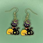 Halloween Black Cat Earrings with Pumpkins Photo 0