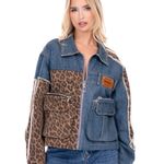 Stylish Denim and Leopard Print Jean Jacket Blue Photo 1
