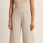 Stradivarius  Women’s Beige Wide Leg Cropped Pants L Crinkle Gauze Boho Coastal Photo 0