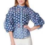 Gracia NWT Sheer Polka Dot 3/4 Puff Sleeve Button Up Blouse Blue Women's Size S Photo 0