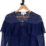 Nicole Miller  Atelier Navy Blue Silk Blouse size Small Lace Trim Long Sleeves Photo 2