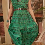 Sundance  Mystical Mosaics Green Boho Tiered Ruffle Cotton Maxi Dress Size Medium Photo 0