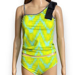 Bow Two Piece Swimsuit Women’s Size Medium One Shoulder with Black Bow Lime Yellow Photo 1