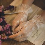 New white lace wrist length ruffle gloves with pearl embellishments Photo 1