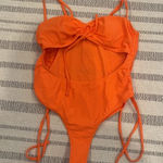 Haloon Womens Ruched Spaghetti Strap Cutout High Leg One Piece Swimsuit Swimwear Orange Size L Photo 5