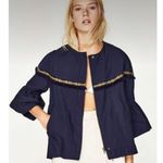 ZARA  Basic Western Navy Blue Bell Sleeve Fringe Aztec Trim Jacket Size XS NWT Photo 2