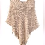 Vintage Poncho SAX Golden Fleck Nubby Knit Fringed Edges Neutral Lagenlook BOHO Photo 0