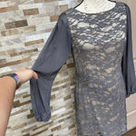 Eliza J  Y2K Lacy Knee length Cocktail Dress Long chiffon puff sleeves Grey Sz 6 Photo 4