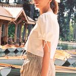 Free People  Kitty Tee Ivory Cropped Puff Sleeve Bow Front Cottagecore Top Size S Photo 3