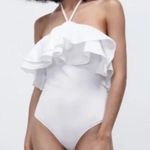 ZARA  NWT white ruffled rib bodysuit corset Sz L stretchy Photo 1