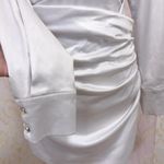 Elegant White Satin Mini Dress with Diamond Buttons & Side Zipper – Long Sleeve, Ruched Waist, Size Small Photo 3