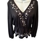 Blue Rain Y2K Embroidered Peplum Top Black Sz L Long Bishop Sleeve Whimsigoth Retro Witchy Photo 2