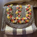 Vintage Woven Wicker Straw Raffia Floral Bag Tan Photo 1