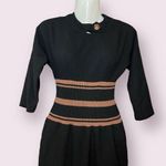 Vintage Knit Half Sleeve Striped Sweater Dress Elastic Ruched Waist Size 12 Black Photo 0