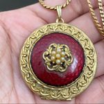 Vintage Burgundy Enamel Faux Mini Pearl Flower Ornate Gold Photo 4