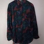 Punch Vintage L Silk Button Down Volcano Sun Pattern Top Blouse Turquoise Tan Green Size L Photo 14