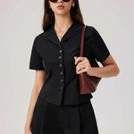 a.n.a Polyester Black Button Up Short Sleeve Blouse Size S Photo 0