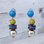 Vintage Clip On Earrings Blue, Plum, Green, Gold Tone Dangle Photo 0