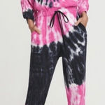 Something Navy Meghan Tie Dye Ruffle Sleeve Jumpsuit Pink Black Cotton XS Photo 0