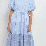 English Factory PUFF SLEEVE MIDI DRESS Size Medium Tiered Blue Stripe Belted Photo 0