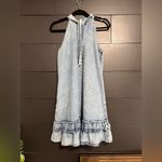 Denim Halter Top Keyhole Tie Neck Mini Dress Women’s Sz Small EUC Blue Photo 2