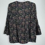 Lucky Brand  boho dark floral 3/4 bell sleeve tie front blouse size S Photo 4