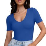 NWT REORIA Royal Blue V Neck Short Sleeve Seamless Thong Bodysuit Small Photo 1