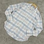 Free People  LoveLand Pastel Plaid Button Down Shirt Frayed Hem Boho White Pink M Photo 1