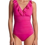 Ralph Lauren Beach Club Solids Underwire Ruffle V-Neck One Piece Swimsuit Pink 8 Photo 0