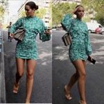 ZARA  Jacquard Ballon Sleeve Knit Green White Floral Ruched Dress Size Large NWT Photo 3